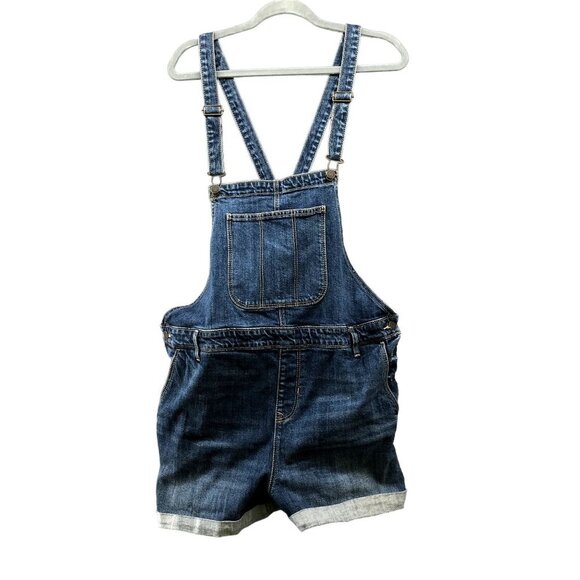 Old Navy Denim Shortalls Womens XL Blue Medium Wash Stretch Roll Cuff - Picture 1 of 9